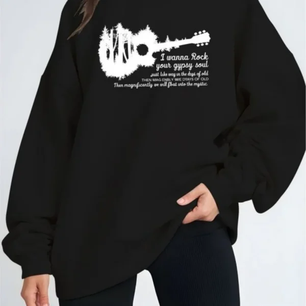 Women's Rock Guitar Graphic Crew Neck Sweatshirt - Black Casual Pullover.