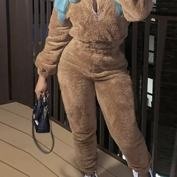 Women's New Solid Color Velvet Two-Piece Set, Long-Sleeved Semi-Open Neck Sweatshirt and Slim Pants, Machine Washable, Suitable